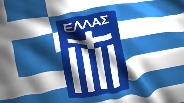 그리스 축구 국가 대표 팀은 바람에 흔들리는, 거침없이 돌아가는 깃발을 그린다. 움직임. 스포츠 게임의 개념. 편집만을 위한 것. — 비디오
