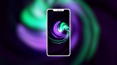 Gradyan dönen arka planda akıllı telefon ya da cep telefonu. Hareket. Mor ve yeşil renkli spiral şekilli kasırga desenli bir telefon..