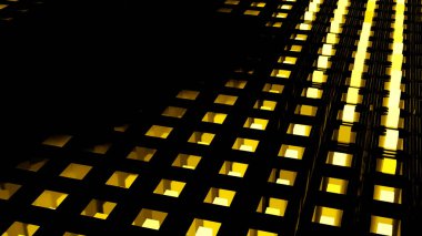 Sarı ışıklı dikdörtgen sütunların hareketi gibi yukarı ve aşağı dalgalanıyor. Tasarım. Kare şeklindeki deliklerle siyah yüzey ve 3B büyüyen sütunlar.