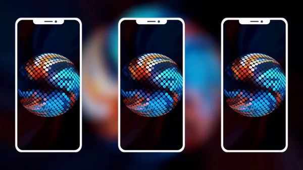 Contesto. Mozione. Tre telefoni sullo screensaver di cui ci sono discoteche e fumaioli lucenti con una gamma ricca di colori e sullo sfondo uno sfondo che mostra un colore brillante. — Foto Stock