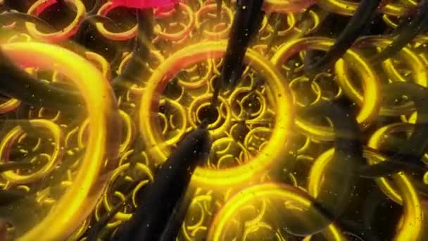 Animation with rotating gold rings in chains. Motion. Lots of golden rings spinning in endless chains. Many chains of rotating gold rings — Stock Video