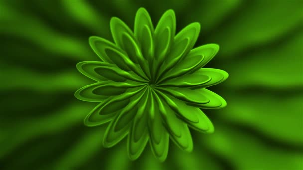 Soyut olarak mor ve yeşil bir çiçek. Hareket. Yapraklı çiçekler 3 boyutlu formatta dönerek genişliyor ve daralıyor ortada bir delik oluşturuyor. — Stok video