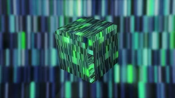 Digitale visualisatie van de Pandoras doos openen en vrijgeven van de vervloekingen. Beweging. Gloeiende kubus van glinsterende tegels op kleurrijke stralen achtergrond. — Stockvideo