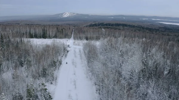 Luftaufnahme der Winterlandschaft mit dem schneebedeckten Feld und Bäumen in der ländlichen Region. Clip. Weiße Straße mit einem fahrenden Schneemobil. — Stockfoto