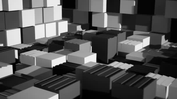 Огромное количество случайно лежащих черно-белых кубиков с 3D эффектом. Анимация. Масштабная геометрия куба, черно-белая. — стоковое видео