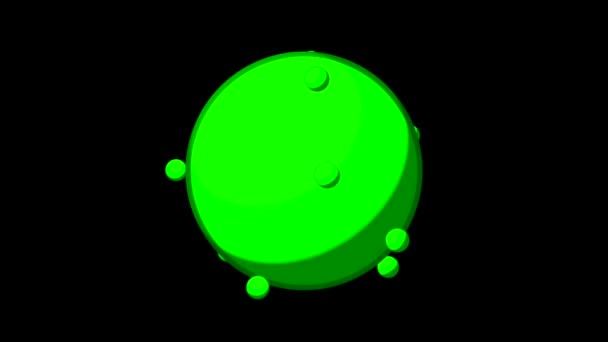 Великий м'яч з обертовим колом. Дизайн. Кольоровий м'яч з кульками, що обертаються навколо чорного фону. Модель електронів, молекул або гравітації у відео-кулях — стокове відео