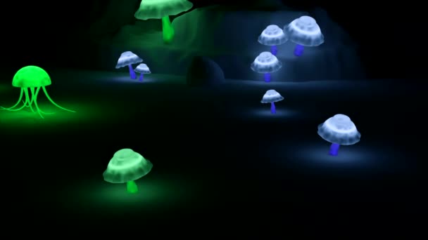 Psychodeliczna animacja z grzybami neonowymi. Projektowanie. Animacja z ruchomą meduzą i grzybami neonowymi na czarnym tle. Poruszające się grzybki neonowe. Leki psychotropowe — Wideo stockowe