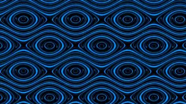 Neon çizgileri olan psikedelik süs. Tasarım. Süslemeleri oval neon çizgilerle tekrar ediyorum. Siyah arkaplanda parlayan çizgilerle yuvarlak değişen desen