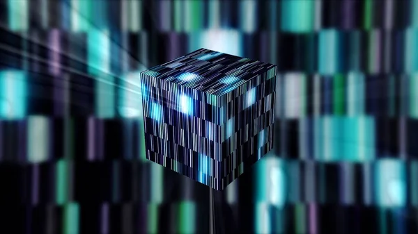 Abstract transforming 3d cube made of blue and turquoise tiles. Motion. Glowing striped moving background with a 3D figure, seamless loop. — Stockfoto