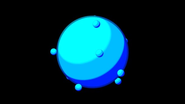 Большой шар с вращающимся кругом. Дизайн. Цветной шар с шарами, вращающимися вокруг на черном фоне. Модель электронов, молекул или гравитации в видеошариках — стоковое видео