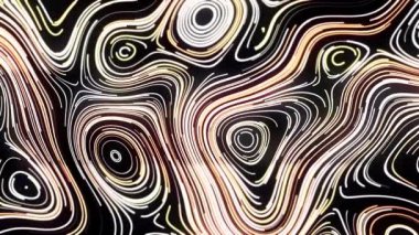 Siyah bir zemin üzerinde soyut açık kahverengi geometrik dalga lekeleri, kusursuz bir döngü. Hareket. Oval şekilli siluetler birçok bükülmüş çizgiler, pürüzsüz döngü.