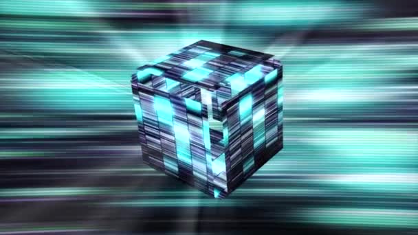 Abstract transforming 3d cube made of blue and turquoise tiles. Motion. Glowing striped moving background with a 3D figure, seamless loop. — Stockvideo