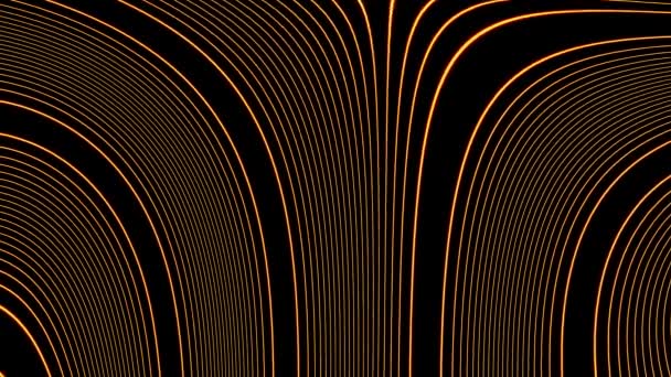 Curved lines are distorted in computer space. Design. Neon curved lines are distorted with effect of screen glitch. Linear glitch effect on screen of lines on black background — Stock Video