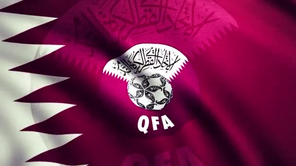 3d animation of flag waving in wind. Motion. Waving flag of football association for international arena. Flag with emblem of Qatar national football team — Stockvideo