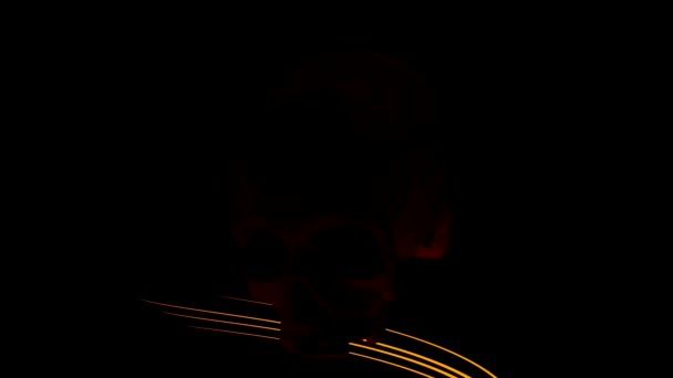 A skull in abstraction. Design. The skull next to which bright lines are spinning is made in 3d on a black empty background. — Stock Video