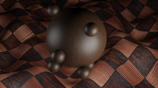 Gebogen schaakbord met zwevende grote bruine gladde bol omgeven door kleinere. Ontwerp. Houten bolletjes die rond een grote bol draaien, naadloze lus. — Stockvideo