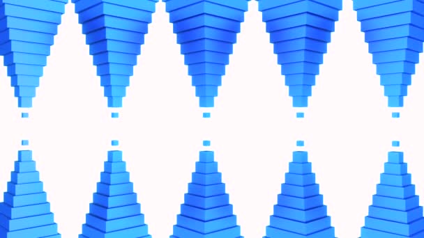 Piramitlerin birbirine doğru hareket ettiği optik bir illüzyon. Tasarım. Mavi ve beyaz dikişsiz döngü geometrik desen. — Stok video