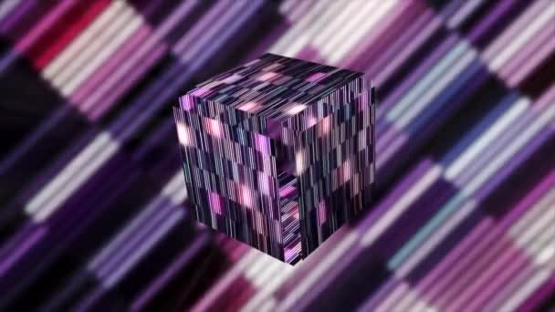 Glowing virtual box. Motion. Empty prize box is revealed in cyberspace. Glowing cube opens in colorful game space — 图库视频影像