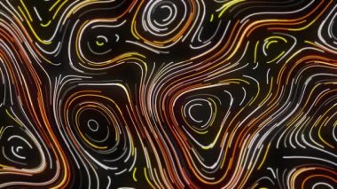 Neon çizgileri olan topografik desen. Hareket. Güzel neon çizgileri kıvrımlı akarsularda hareket ederek oval desenler oluşturur. Neon çizgilerinin ahşap ya da mermer deseni