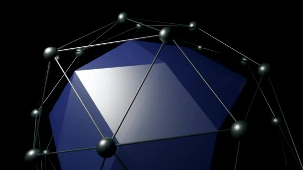 Beautiful abstract violet polygonal 3d object with flexible sides surrounded by grid. Design. Connected lines and dots around the moving sphere on a black background. — Vídeo de Stock