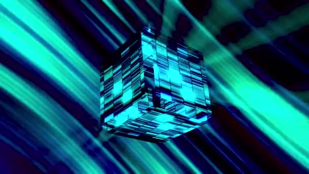 Abstract glowing cube with blue rays of light. Motion. Striped neon cubic shapes falling apart on shimmering background. — Vídeo de Stock
