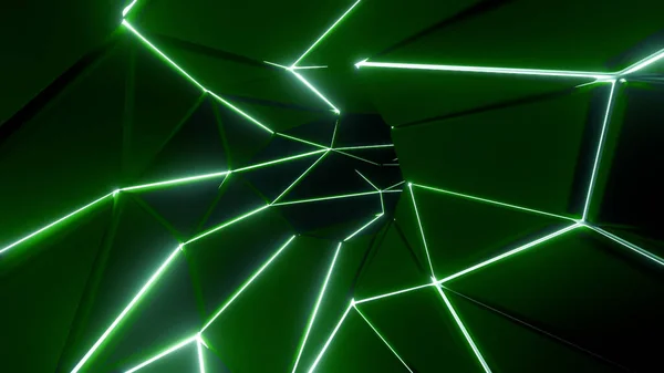 Neon üçgen siluetlerden oluşan soyut renkli bir tünelde uçuyor, kusursuz bir döngü. Tasarım. Dijital bükme tüpünün içini göster. — Stok fotoğraf