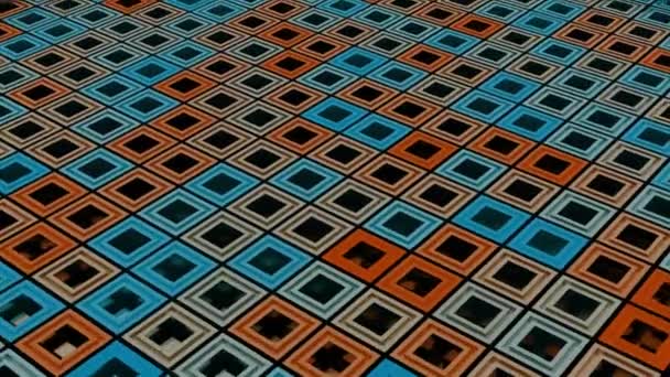 Textura 3D abstracta con cuadrados huecos del mismo tamaño y pilares de salto de cada uno de ellos. Diseño. Textura 3D con rectángulos coloridos. — Vídeo de stock