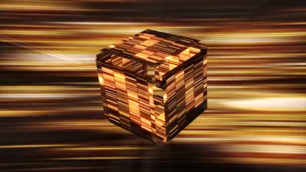 Glowing striped cube in cyberspace. Motion. Shining colorful cube is divided into parts and assembled. Empty cyber cube in virtual space — Stockvideo
