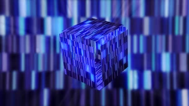 Un extravagante artefacto cubo, misteriosa caja de Pandoras. Moción. Apertura 3D brillante caja digital sobre fondo brillante rayado. — Vídeos de Stock