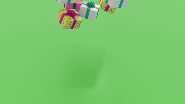 Viele Weihnachtsgeschenke haben einen isolierten Hintergrund. Design. Geschenkboxen mit Weihnachtsgeschenken fallen auf farbigen Hintergrund. 3D-Animation mit fallenden Weihnachtsgeschenken — Stockvideo