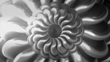 Gri monokrom çiçekli spiral şekiller döngülü animasyon arka planında. Hareket. Siyah ve beyaz fraktalları dönüştürüyor.