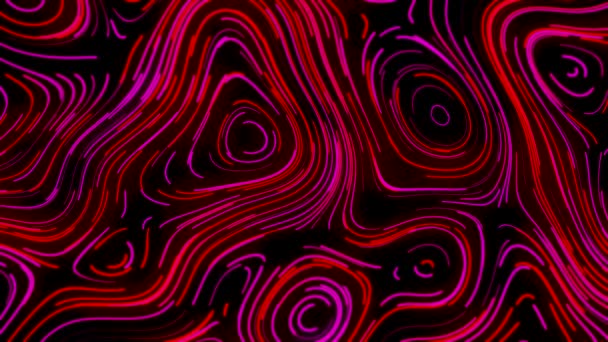 Topographic pattern with neon lines. Motion. Beautiful neon lines move in curved streams creating oval patterns. Wood or marble pattern of neon lines. Sexy passionate pattern in neon retro style — Stockvideo