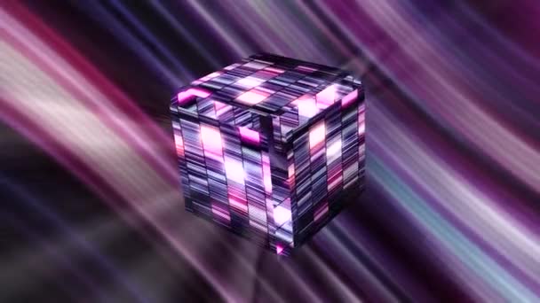 Een extravagant kubus artefact, mysterieuze Pandoras doos. Beweging. 3D-opening gloeiende digitale doos op gestreepte glinsterende achtergrond. — Stockvideo