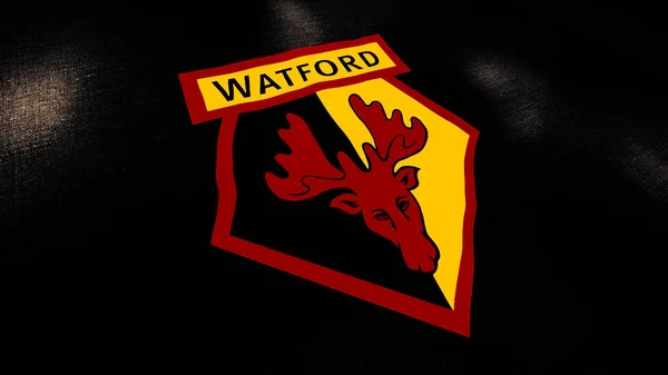 Bendera Watford Football Club abstrak dengan kepala rusa merah. Gerak. Klub sepak bola profesional Inggris dengan logo bergoyang dalam angin, berputar mulus. Untuk penggunaan editorial saja. — Stok Foto