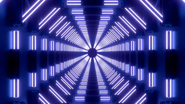 Vuelo lento a través del túnel abstracto de tecnología alienígena 3D, bucle sin fisuras. Diseño. Ilusión óptica brillante, corredor simétrico. —  Fotos de Stock