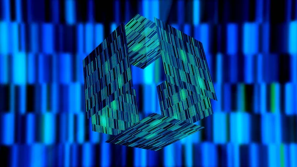 Abstrakt glödande kub med blå strålar av ljus. Rörelse. Randiga neon kubikformer faller isär på skimrande bakgrund. — Stockfoto