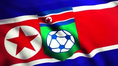 Milli futbol takımının işaretli 3D bayrağı. Hareket. Ulusal futbol takımının amblemli bayrağını sallıyor. DPRK Milli Futbol Takımı Bayrağı