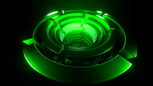 3D tunnel of rotating futuristic rings. Design. Futuristic 3d rings with neon light rotate on black surface. Tunnel of rotating mechanical rings on surface — стоковое видео