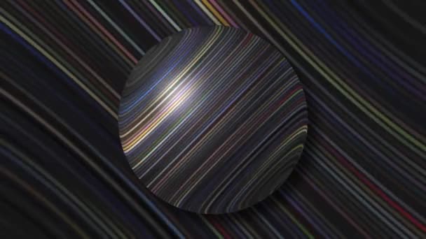 3D ball with multicolored stripes. Motion. Ball with shimmering stripes repeating on background. Striped ball with glare on background of shimmering lines — Vídeo de Stock