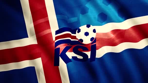Vlajka islandského národního týmu. Pohyb. Mávání islandskou vlajkou se znakem fotbalového týmu. Vlajka fotbalového týmu na Světovém poháru — Stock video