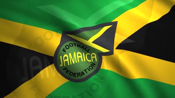 Bandera ondeante de la selección de fútbol de Jamaica. Moción. Fondo de la bandera ondeando 3d del país con el emblema del club de fútbol. Bandera de Jamaica selección de fútbol — Vídeo de stock