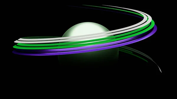 Abstract silver metal ball with green glow hanging in the air surrounded by spiral shaped flying stripes. Design. Sphere and flying bending lines isolated on a black background. — Stockfoto
