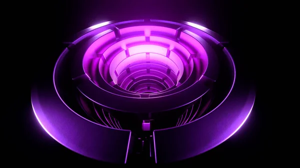 Вхід в обертовий рожевий і фіолетовий космічний тунель ізольований на чорному тлі. Дизайн. Концепція космічних технологій . — стокове фото