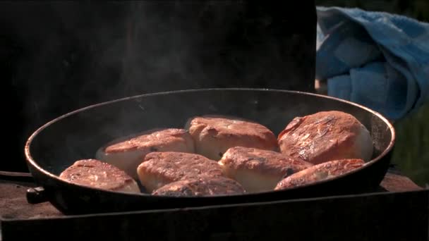 Picknick in de natuur. Creatief. Geroosterd vlees in een koekenpan en maak koteletten bij mooi weer. — Stockvideo