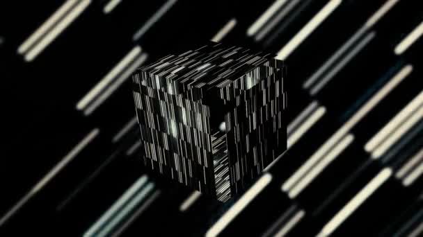 Gelecekçi siyah beyaz küp. Hareket. Siber uzayda parıldayan çizgili küp. Sanal uzayda gizemli 3D küp ortaya çıktı — Stok video