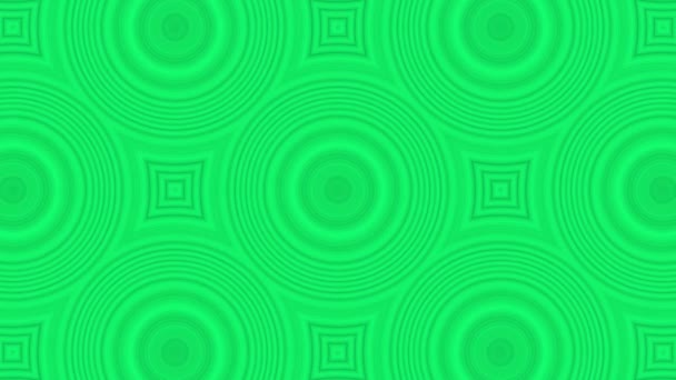 Green background.Design. Geometric shapes, large circles and small squares in abstraction, rotate and change size. — стоковое видео