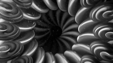 Gri monokrom çiçekli spiral şekiller döngülü animasyon arka planında. Hareket. Siyah ve beyaz fraktalları dönüştürüyor.
