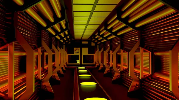 Geleceğin 3 boyutlu uzay gemisi koridoru. Tasarım. Koridorun iç ve gelecek tasarımı 3 boyutlu bilgisayar modeli. Uzay gemisindeki koridorun 3 boyutlu modeli — Stok fotoğraf