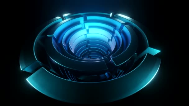 3D tunnel of rotating futuristic rings. Design. Futuristic 3d rings with neon light rotate on black surface. Tunnel of rotating mechanical rings on surface — стоковое видео