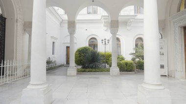 Sütunları ve avluda yetişen yeşil çalıları olan lüks, beyaz bir köşk. Başla. Güzel malikanenin ayrıntıları, yeşil ve beyaz renklerin ahengi.